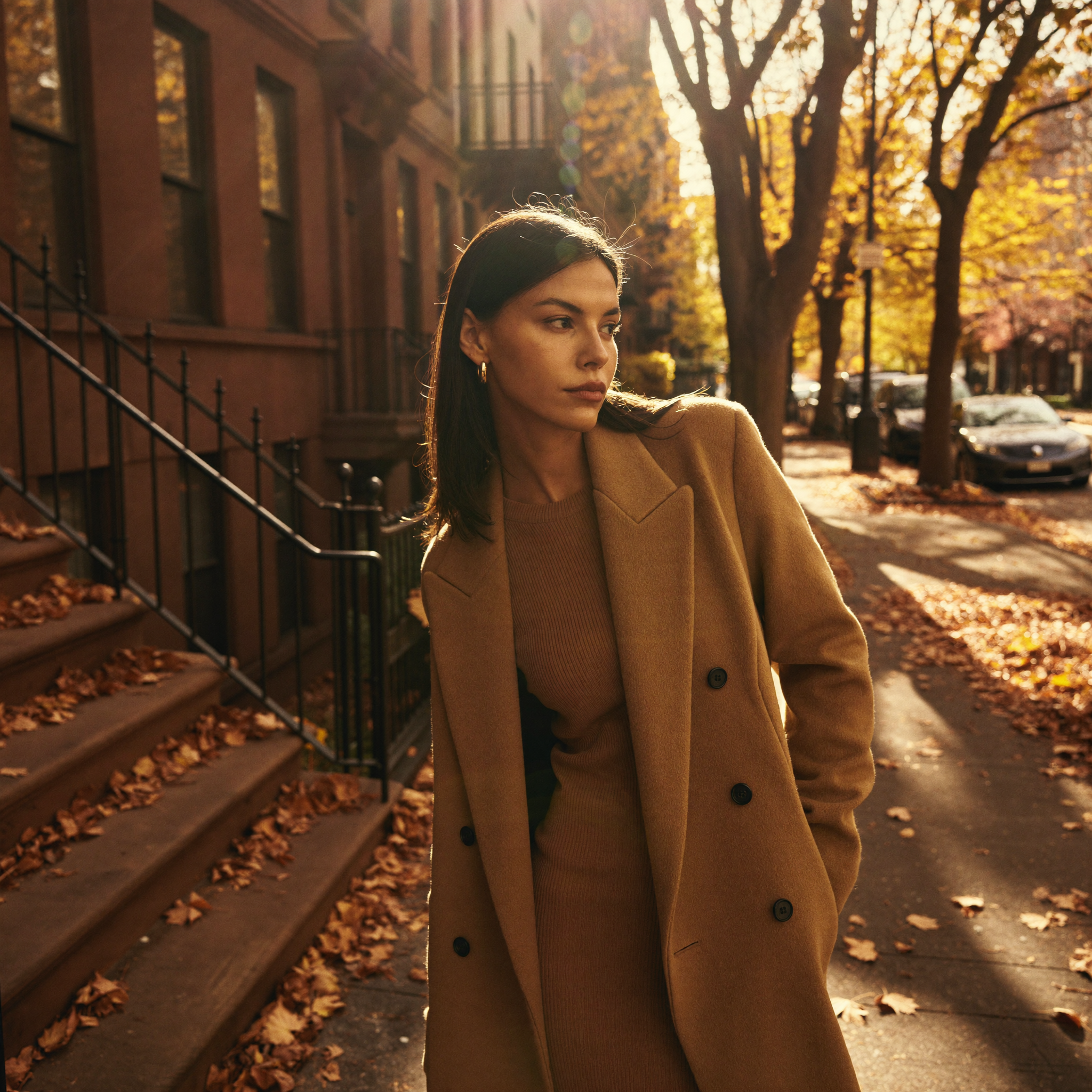 Woman in a camel wool coat on a tree-lined street in autumn light